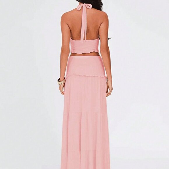 Pink Elegant Women's Ruched Ruffled Slim Halter Crop Top & Skirt Set - Picture 4 of 4